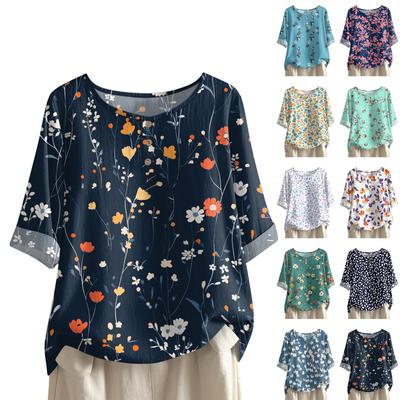 Dames Modieus En Casual Shirt Halve Mouw Ronde Hals Print Katoen En Linnen Blouse Top