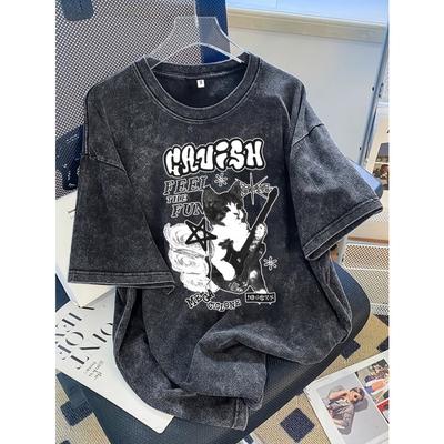 Ladies Casual Crew Neck Summer T-Shirt Drawing Pattern Knit Fabric with Washed Out Effect