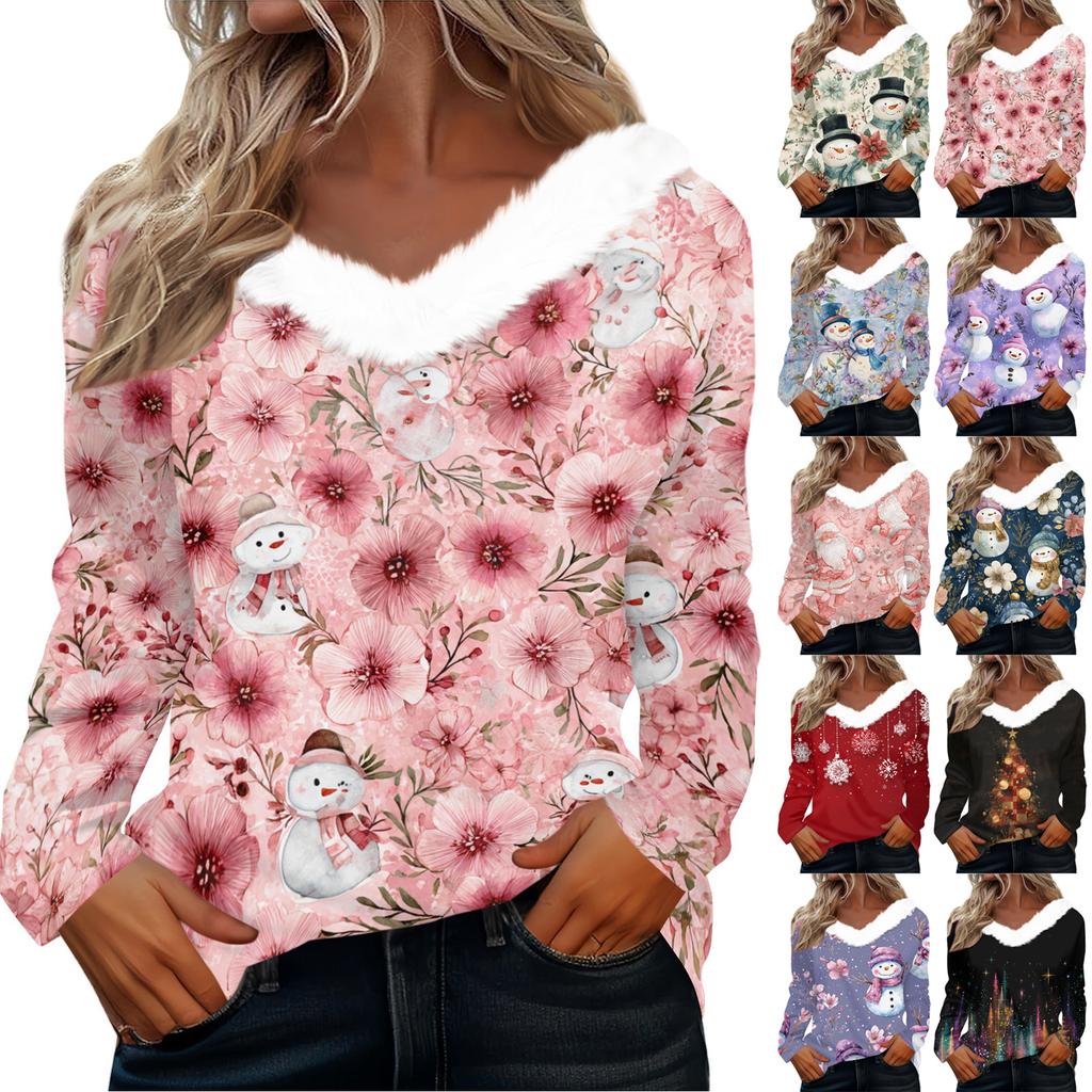 Long Sleeve Shirts For Women Cute Tops Christmas Prints Tees Blouses Casual Plus Size Basic Tops Pullover