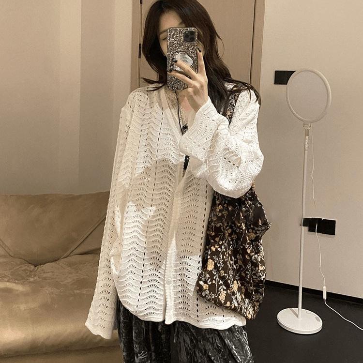

Women s Early Spring 2025 White Knitted Cardigan - Versatile, Niche Design Small