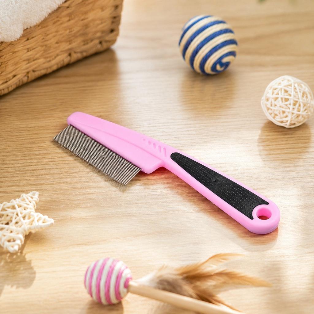 Fine Tooth Stainless Steel Cleaning Massage Brush with Ergonomic Handle for Pet Grooming and Hair Removal Professional Use