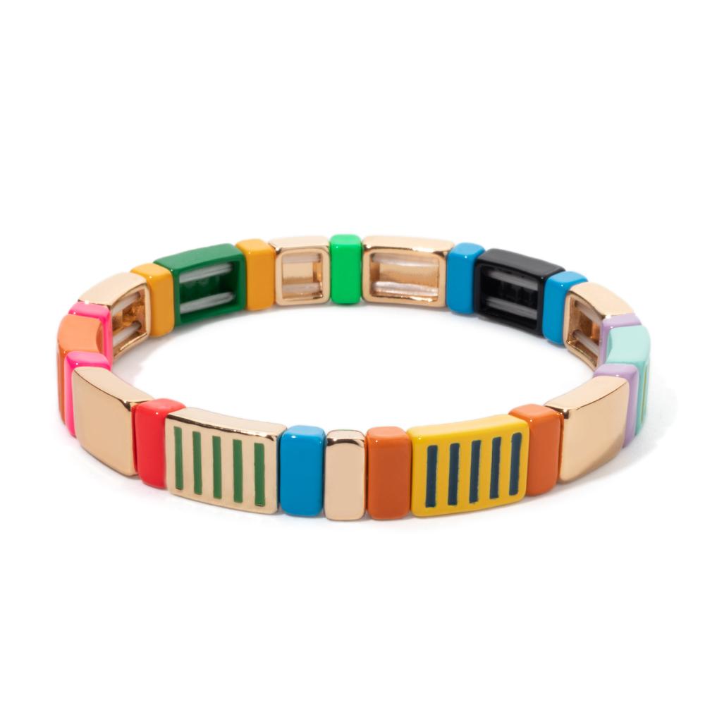 New Fashion Deil Eye Enamel Bangle for Women Colorful Beaded Boho Rectangle Shape Hand Accessory