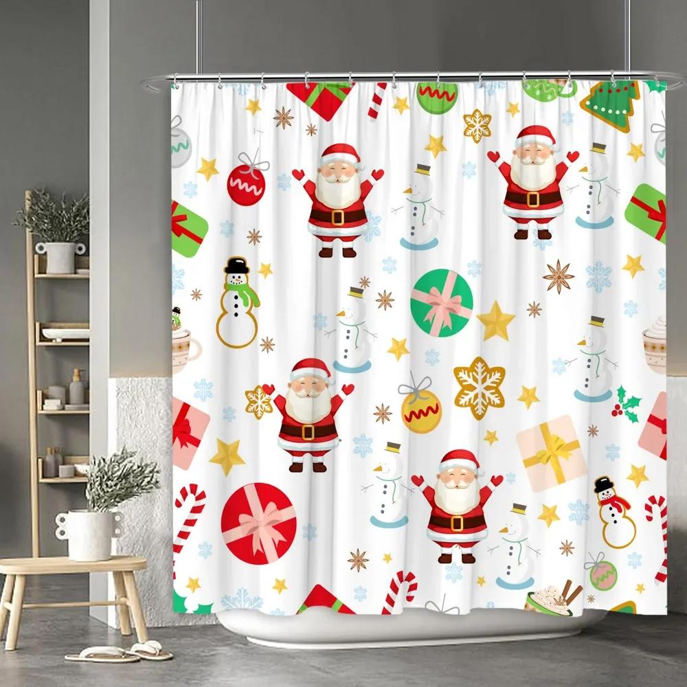 Christmas Shower Curtain Santa Claus Snowman Moose Cartoon Christmas Tree Winter Home Polyester Fabric Bathroom