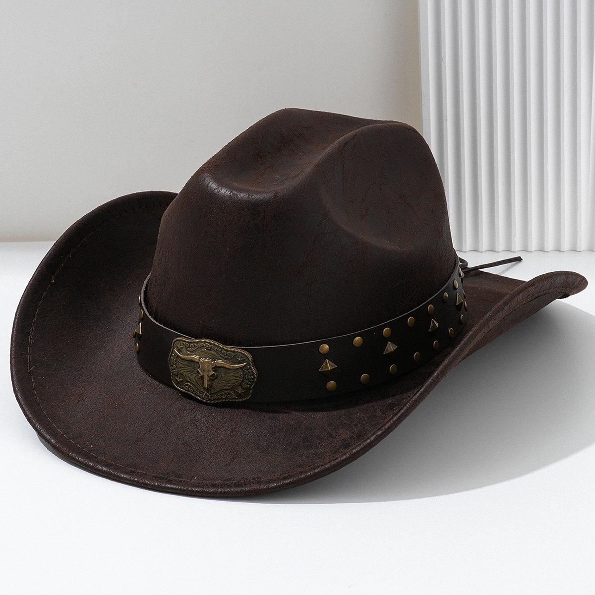 

Унисекс ковбойская шляпа из ПУ кожи с металлическими заклепками в виде бычьей головы M (56-58cm) коричневый
