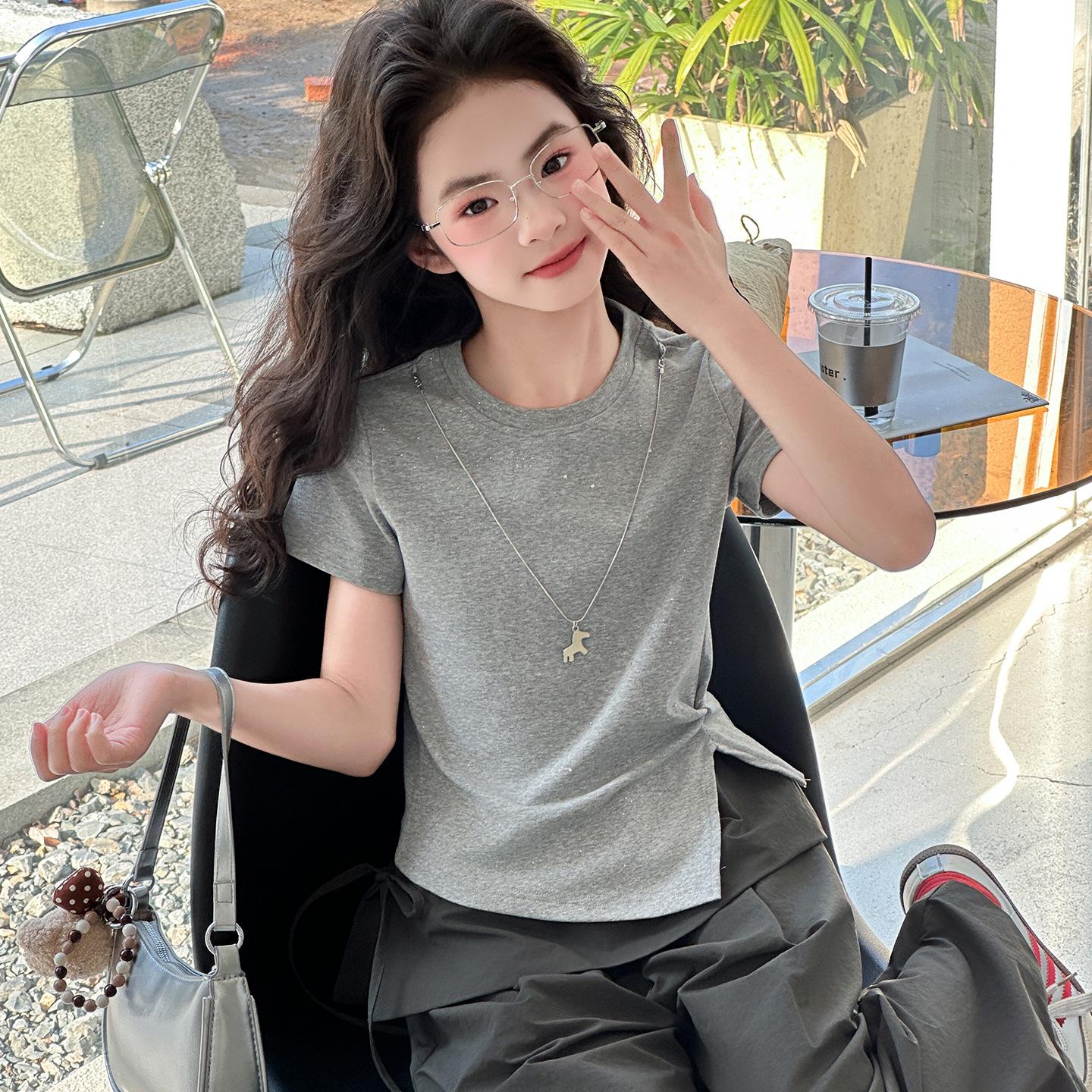 Girls Korean Style Summer Set: 2026 Trendy Short-Sleeve T-Shirt & Wide-Leg Bloomers Two-Piece 160 cm