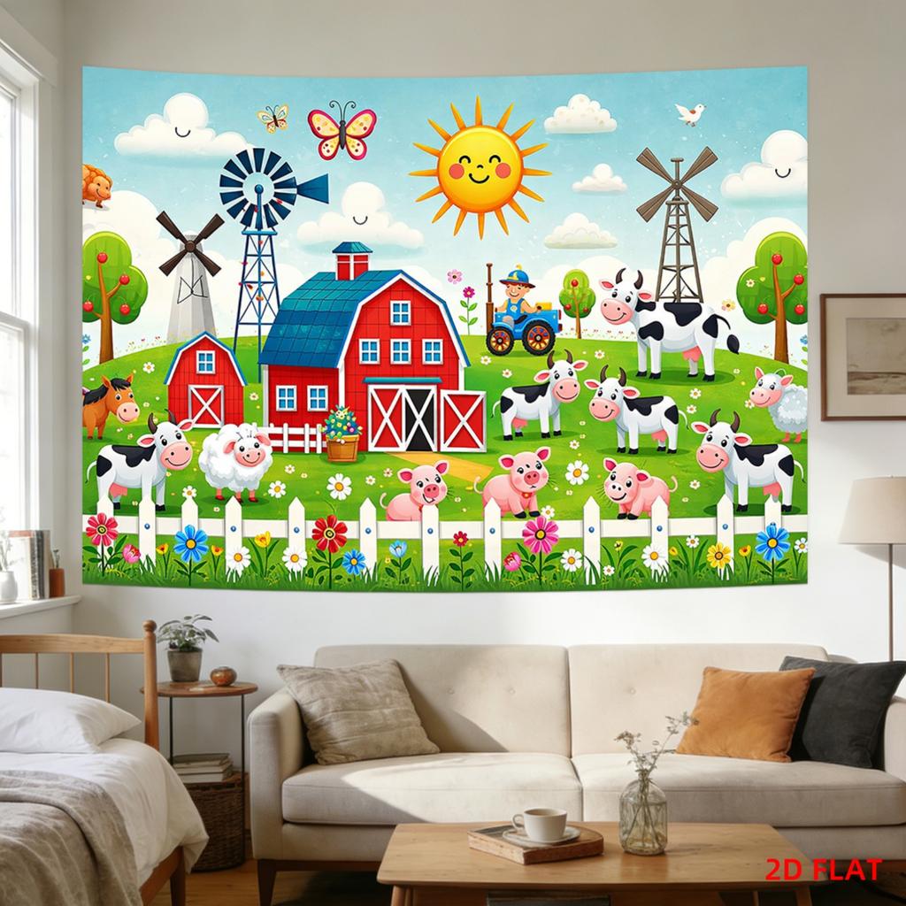 Farmhouse Tapestry Wall Decor Nursery Print Cute Countryside Barn Mural Animals Cottagecore Style Polyester Hanging Fabric Art