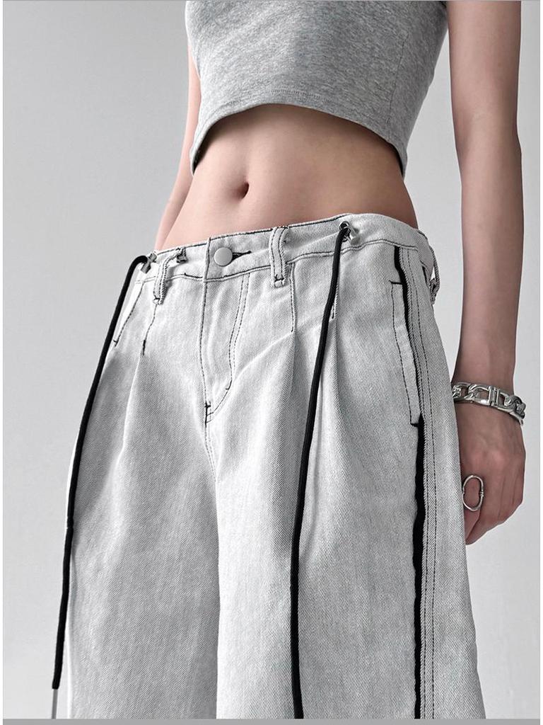 Unisex American Retro Patchwork Wide-Leg Gray and White Jeans - 2025 Summer Casual Loose Fit