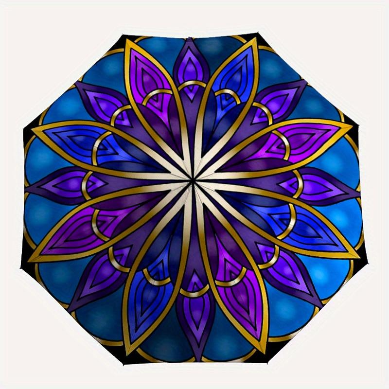 

1pc Stained Glass Mandala Automatic Open/close Folding Umbrella, Compact Portable Travel Umbrella, Perfect Birthday/Christmas, Cute Umbrella
