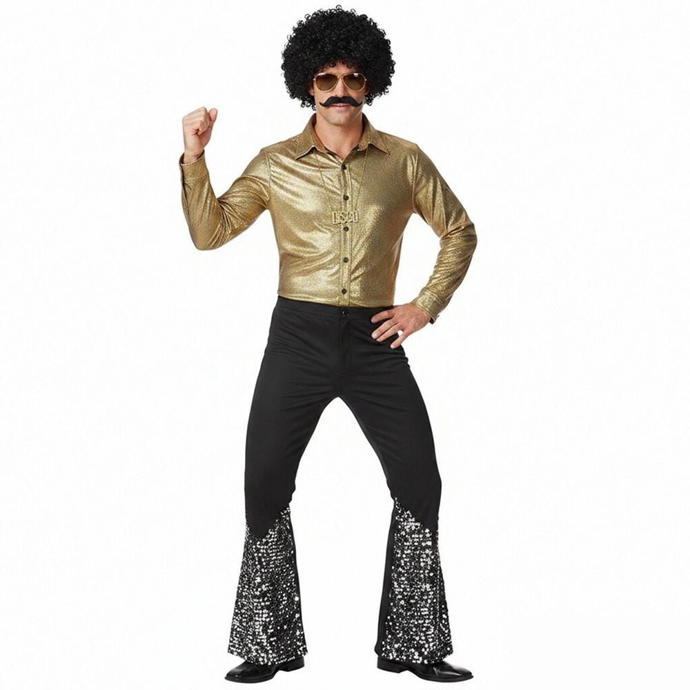 6pcs Men Disco Costume Set 1970s Retro Stage Performance Suit With Big Hair Sunglasses Mustache And Necklace Halloween Costume