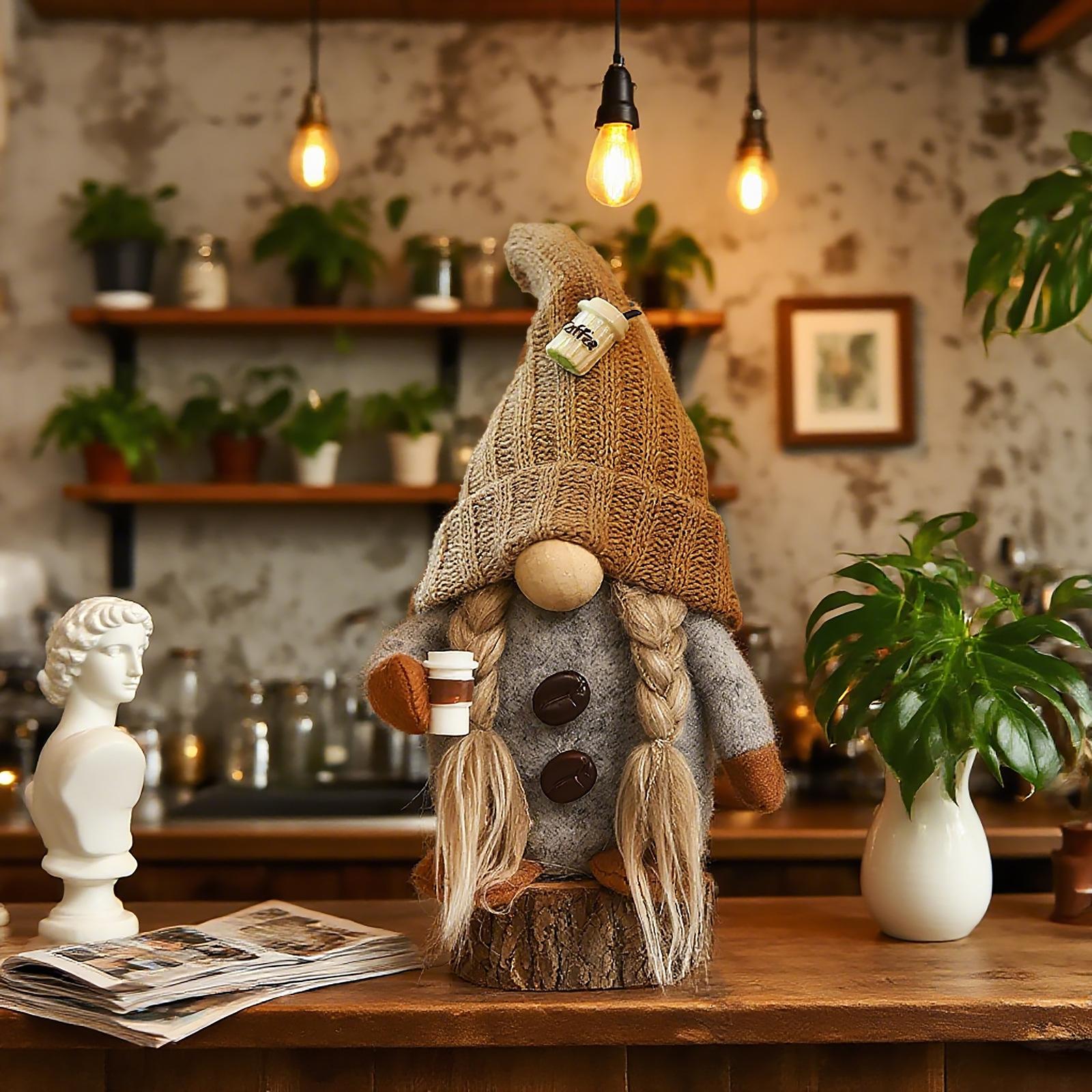 

Coffee Themed Knit Gnome Plush Doll, Cafe Tabletop Decor Ornament