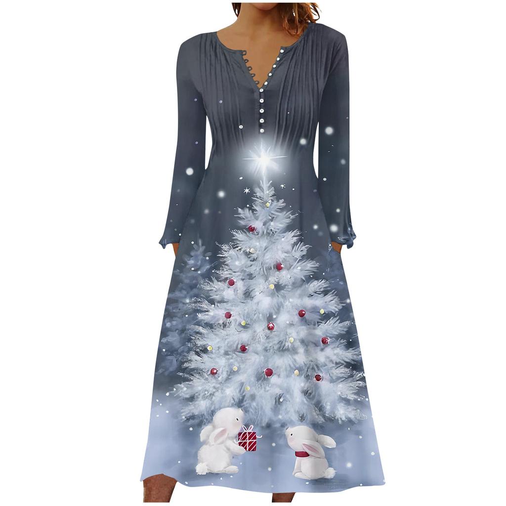 Fashion Women's Casual Fashion Print Pocket V-neck Pullover Long Sleeve Dress