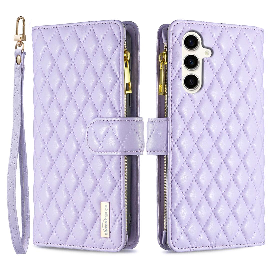 

BINFEN COLOR BF Style-15 Для Samsung Galaxy S23 FE Кожаный чехол-кошелек с карманом на молнии и подставкой Purple