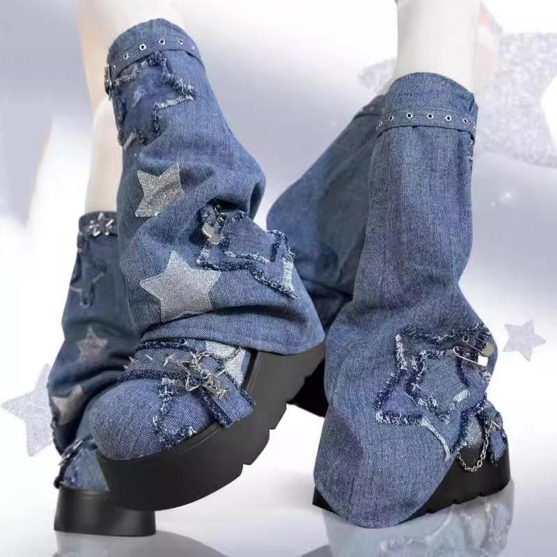 Punk Metallkjede Chunky Platå Ankelstøvletter Dame Vinter Y2K Tykk Såle Denimstøvletter Kvinne Svarte Goth Lolita Sko