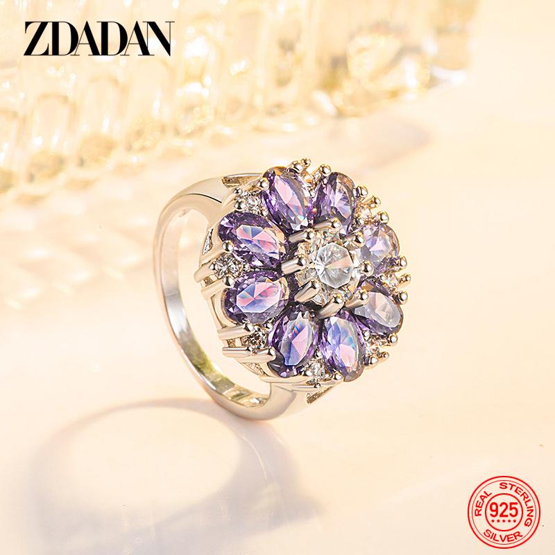 

925 Sterling Silver Flower Amethyst Finger Ring for Christmas Women Party Jewelry Gift 6 фиолетовый