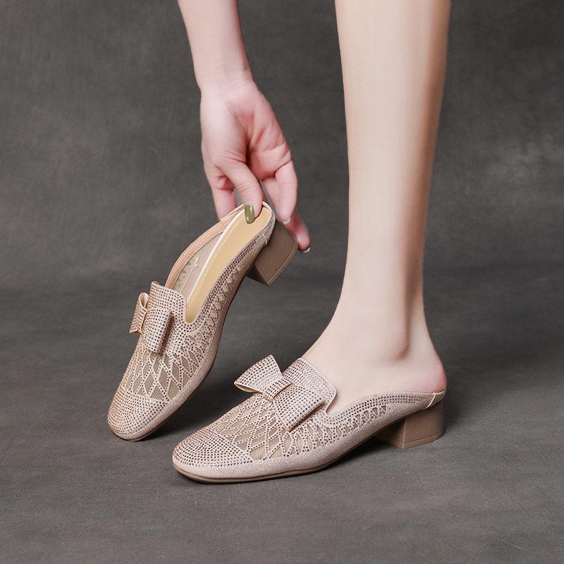 Rhinestone With Bow Women's Slippers and Ladies Sandals Medium Heel Mesh Breathable Casual Shoes 2025 Luxury 39 Low Price Slides