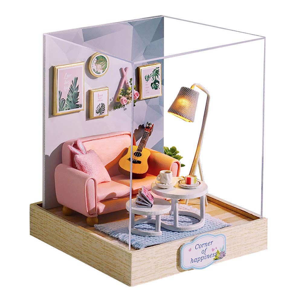 Moin Moin Scale Dollhouse Miniature DIY Kit Set Bunny House Collection for Beginners Pink Rabbit with Two Size Settings Includes LED Light and Acrylic