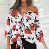 Women's Summer Fasion Loose Print Long--sleeve Bow Tie Neckline Bandage  Top