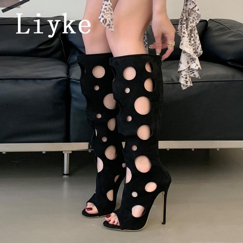 Fashion Liyke Summer Roman Style Hollow Out Long Boots Sandal Women Fashion Peep Toe Zip Stiletto Heels Knee High Shoes Female Sandalias