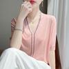 Summer Women's Silk Knit Sweater Short Sleeve V-neck Diamond Knitted Sweater Loose Knit  T Shirt Top