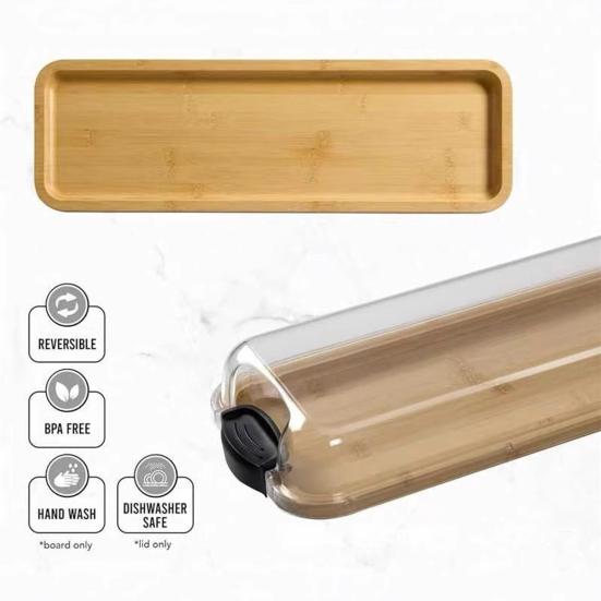 Bamboo Rectangular Cutting Board Tray with Clear Locking Lid Single Compartment Cheese Fruit Nuts Meats Picnics Parties Food Tray