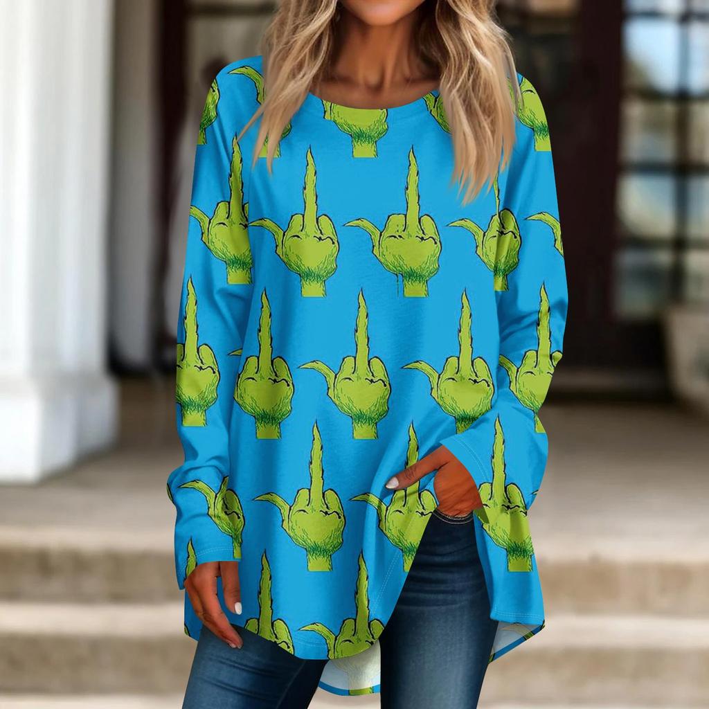 Damen Weihnachtsdruck Langarmshirt Rundhals Pullover T-Shirt Top Pullover