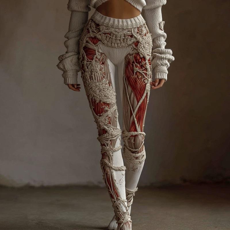 Vintage 3D kötött leggings nőknek gótikus mintával magas derék szűk nadrág Y2K punk utcai viselet rugalmas karcsúsított nadrág