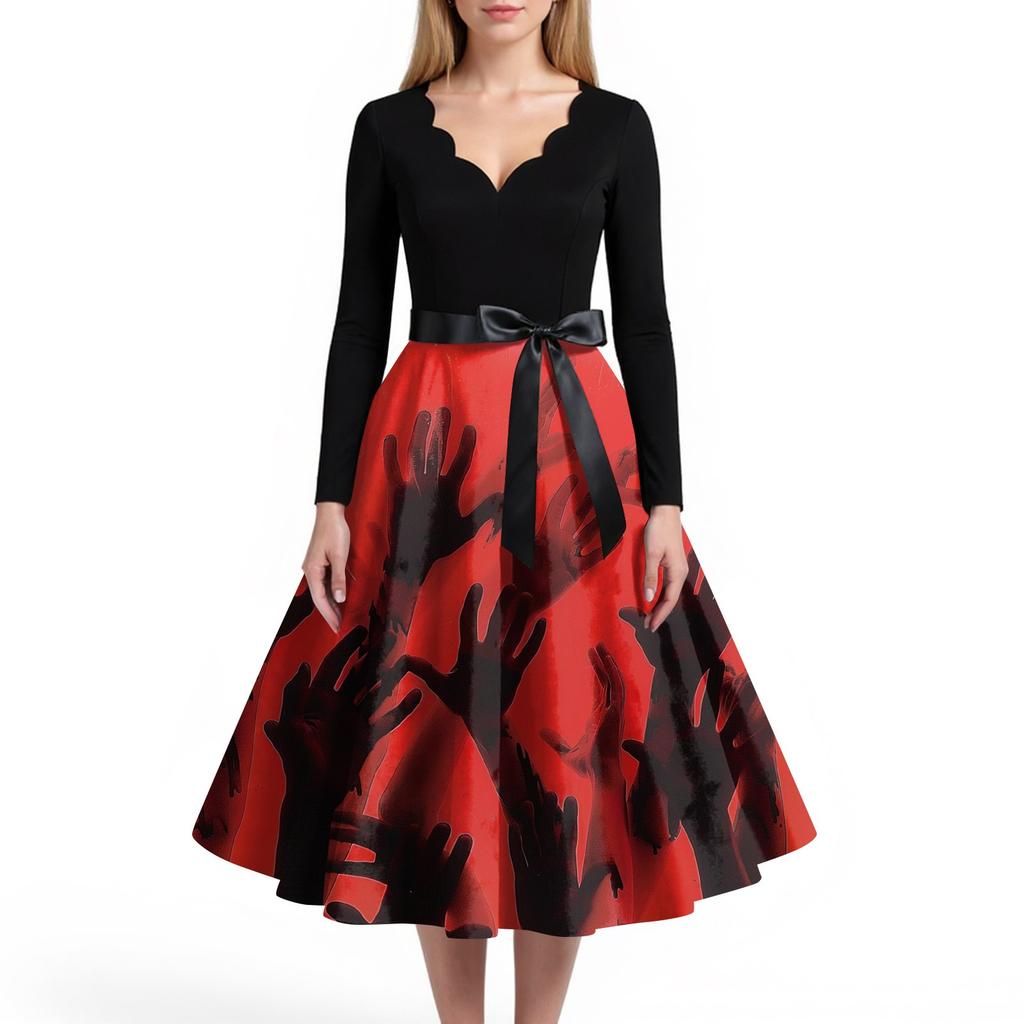 Women's Casual And Fashionable V-neck Long-sleeved Halloween Printed Dress