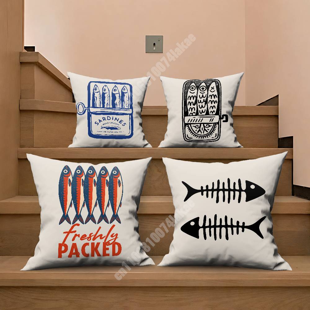 Sardine Fish Retro Seafood Pillow Cover Sofa Couch Cushion Case Creative Workspace Accent Home Decor