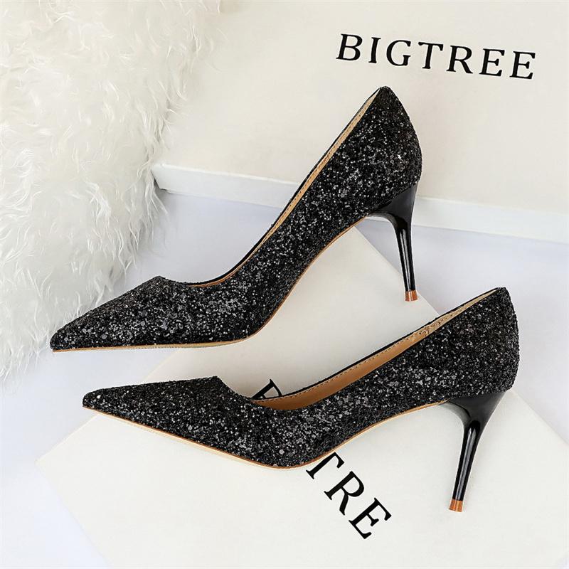  Women Fashion Pointed Toe Thin High Heels Sequins Glitter Luxury Designer Pumps Wedding Bridal Gold Valentine  Shoes