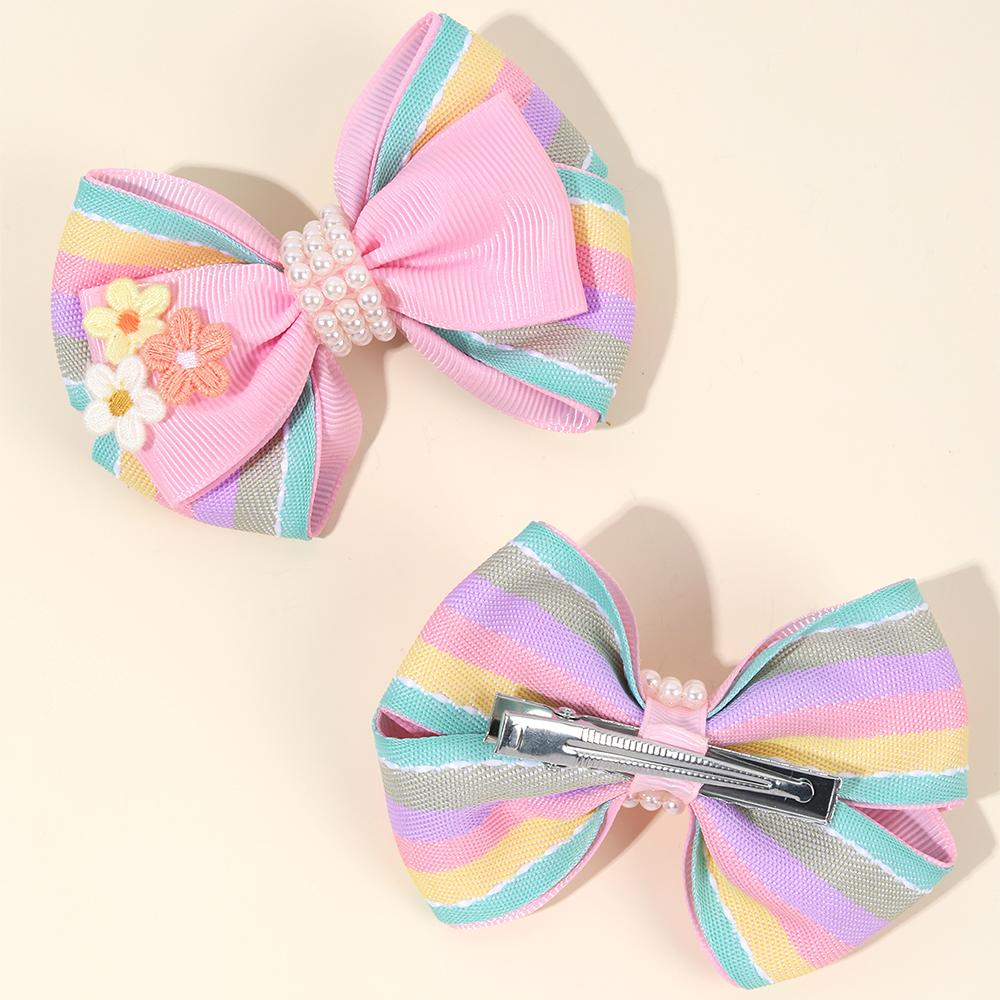 2pcs Cute Rainbow Pearl Little Flower Hair Clips for Girls , Alligator Clips with Thread Woven Ribbon Hair Accessories Headwear