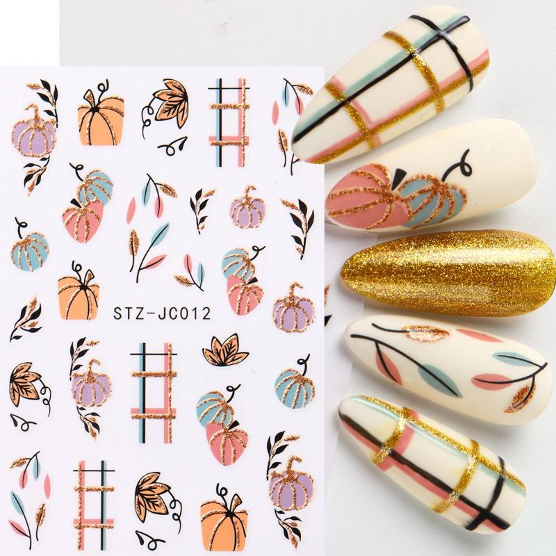 1 Blatt Herbstblatt Karomuster Linie Klebe-Slider Niedliche Kürbis-Nagelsticker Abziehbilder Herbst Erntedankfest Nageldesign Zubehör
