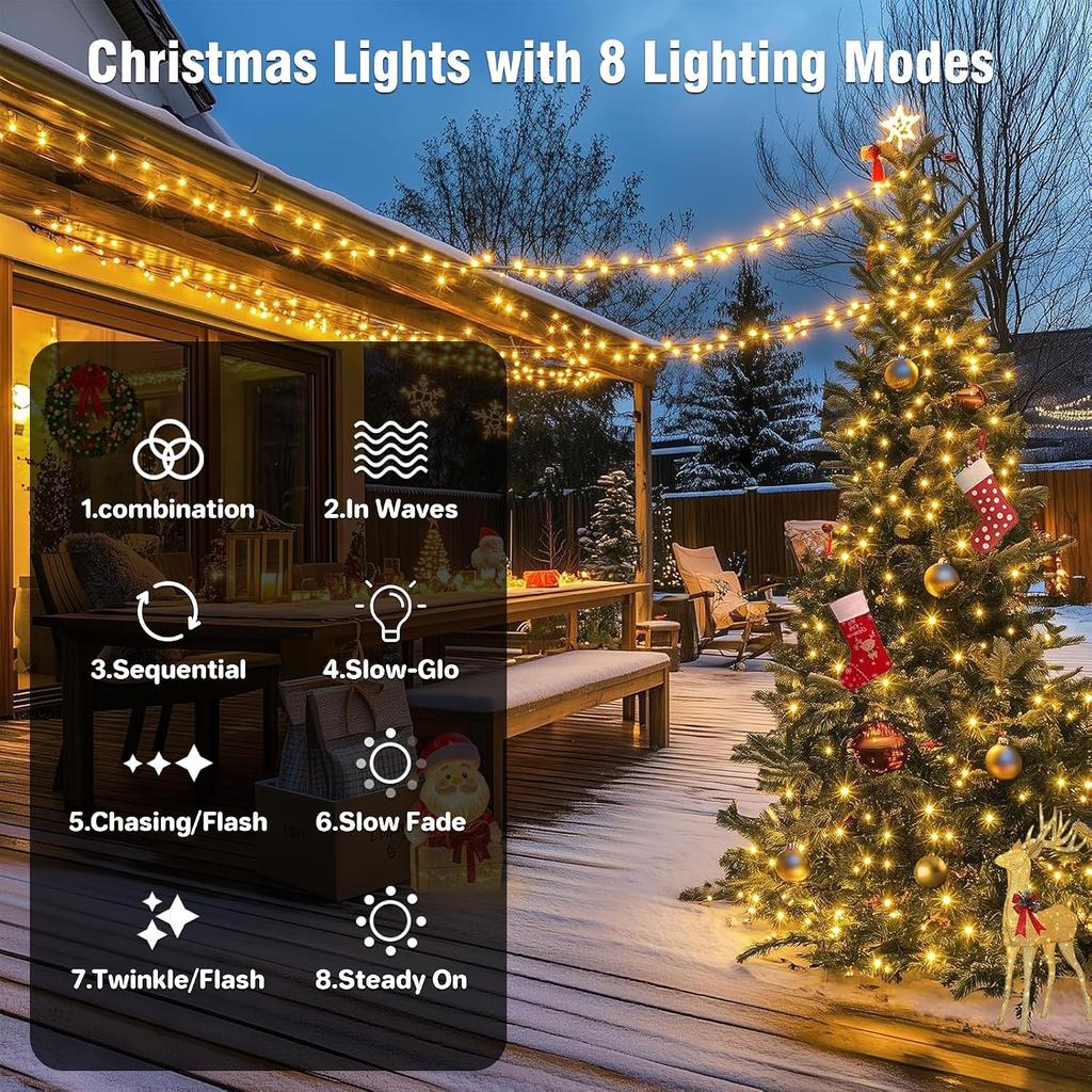ASENEK Outdoor String Lights 99FT 300 LED Connectable 8 Modes with Timer Decorative String Lights for Xmas Tree Patio Party Warm White