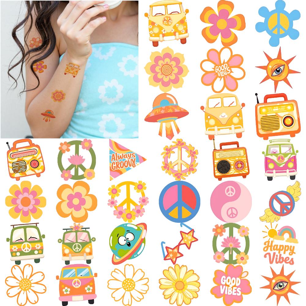 54pcs Temporary Tattoo Van Waterproof Long-lasting Body Stickers Smile Sunglasses Temporary Tattoo Stickers UFO For Women