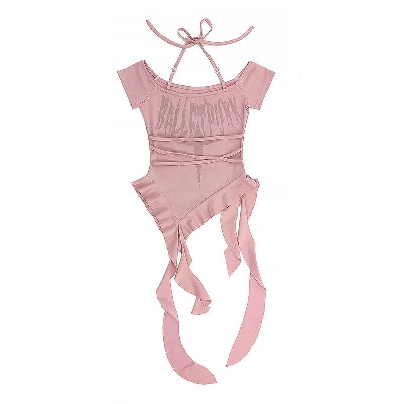 

[Цена нового продукта 59] Cat Wish Original [Панк-балет] с открытыми плечами Облегающий Милый Крутой Y2g Легкий Футболка Топы с бахромой Pink Size M