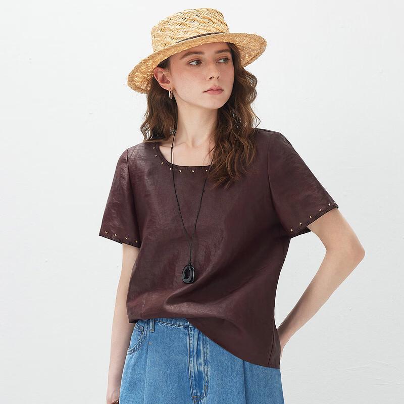 Kemeng Boka Women's Heavy Mulberry Silk Embroidered Short-Sleeve Top