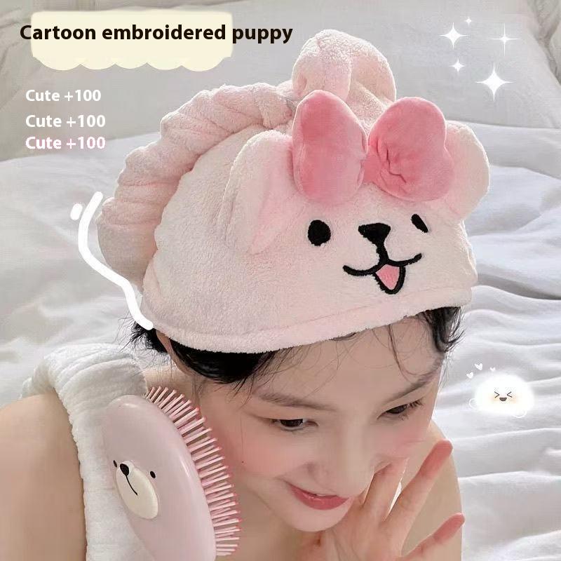 Puppy Embroidery Hair Drying Cap Coral Fleece Soft Absorbent Lightweight Quick Dry Shower Cap Household Hair Towel