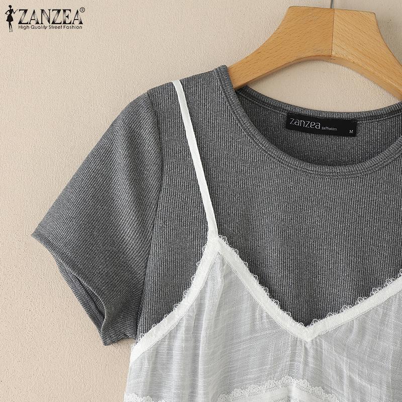 ZANZEA Women Summer Round Neck Patchwork Short Sleeve T-Shirts
