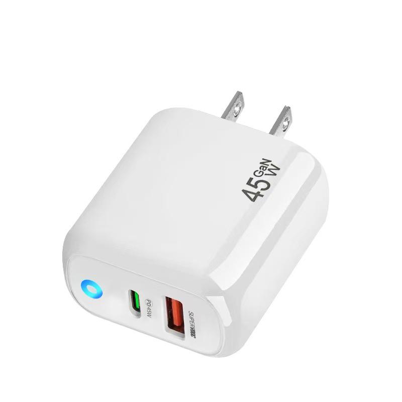 Dual-Port PD45W GaN Fast Charger with International Compatibility and LED Indicator