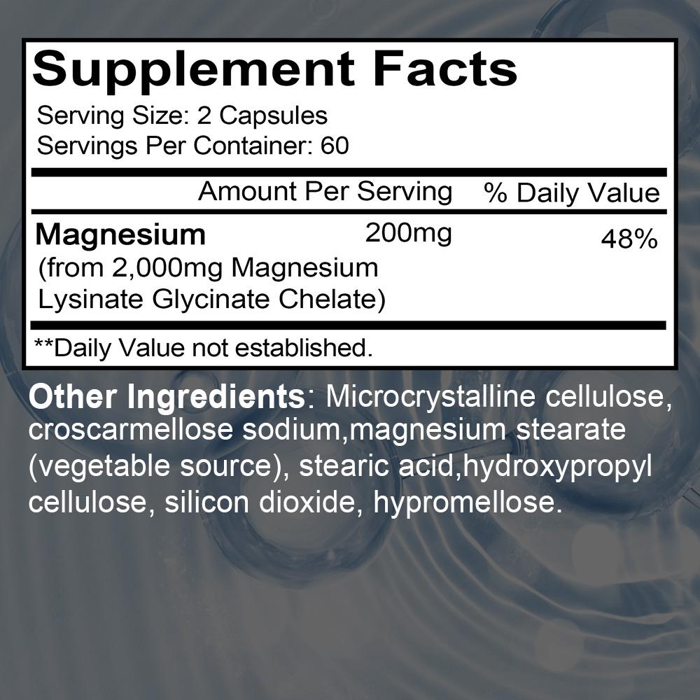 Magnesium-Lysinat-Glycinat Nahrungsergänzungsmittel, Hohe Absorption, 120 Kapseln pro Flasche