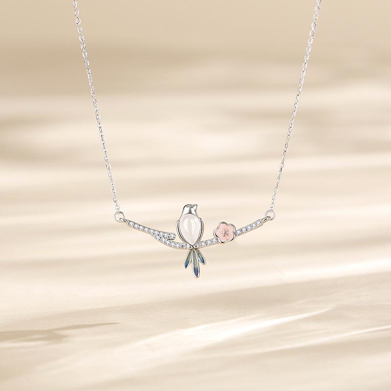 Tichya S925 Sterling Silver Joyful Eyebrows Necklace with White Agate and Magpie Design for Women S925 Silver
