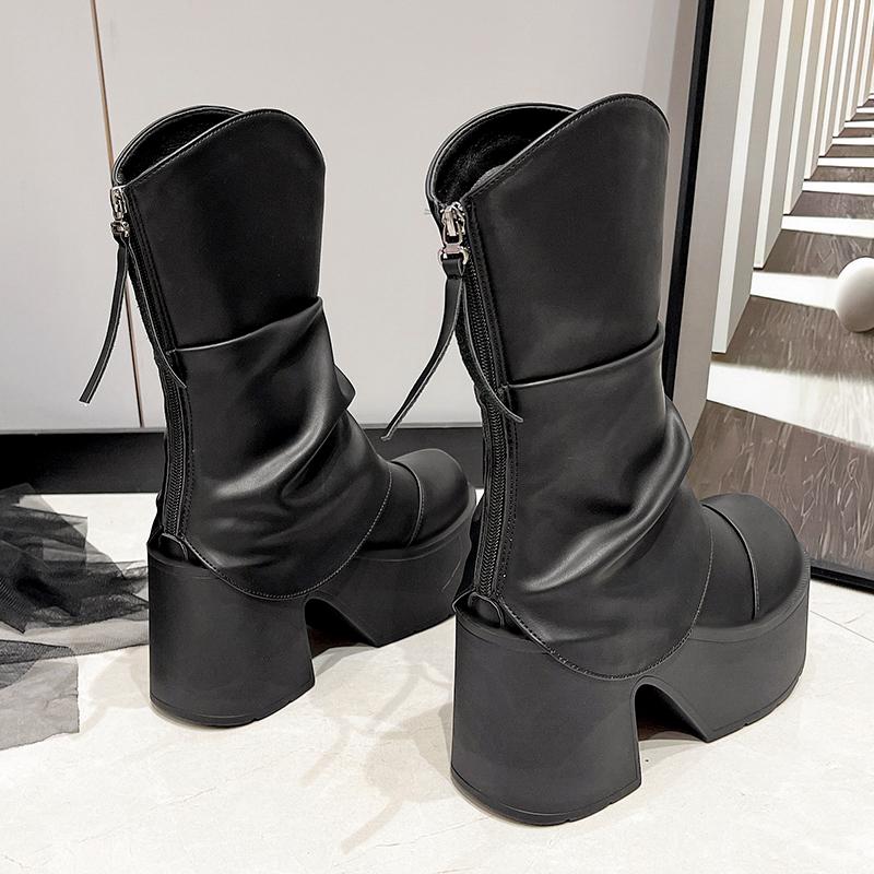 Mode 9cm Winter Damen Stiefeletten Plüsch Schnallenriemen Block Hohe Absätze Plateau Stiefel Party Booty Seitenreißverschluss Schwarze Lederschuhe