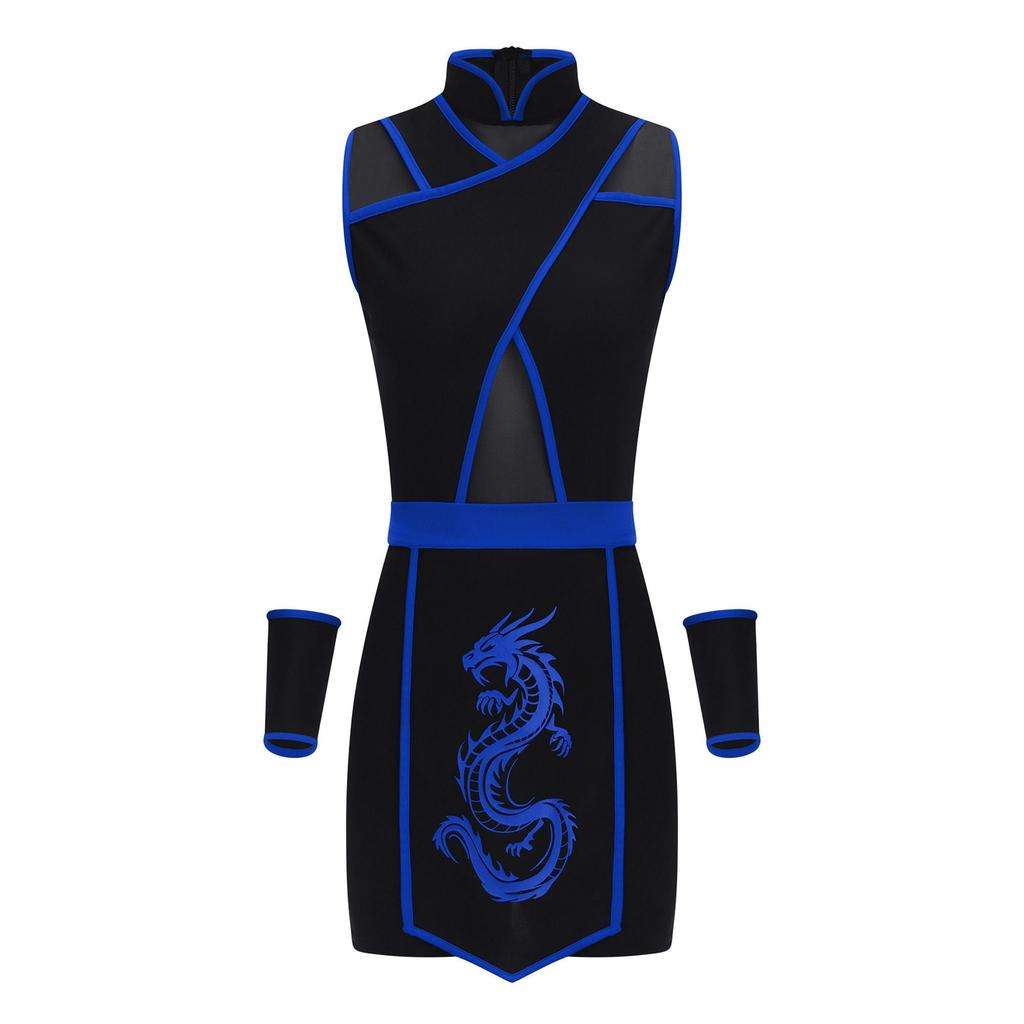 Fantasia de Ninja Feminina Gola Alta Sem Mangas Patchwork em Malha Zíper Invisível nas Costas Estampa de Dragão Avental Mangas Soltas Conjunto Cosplay