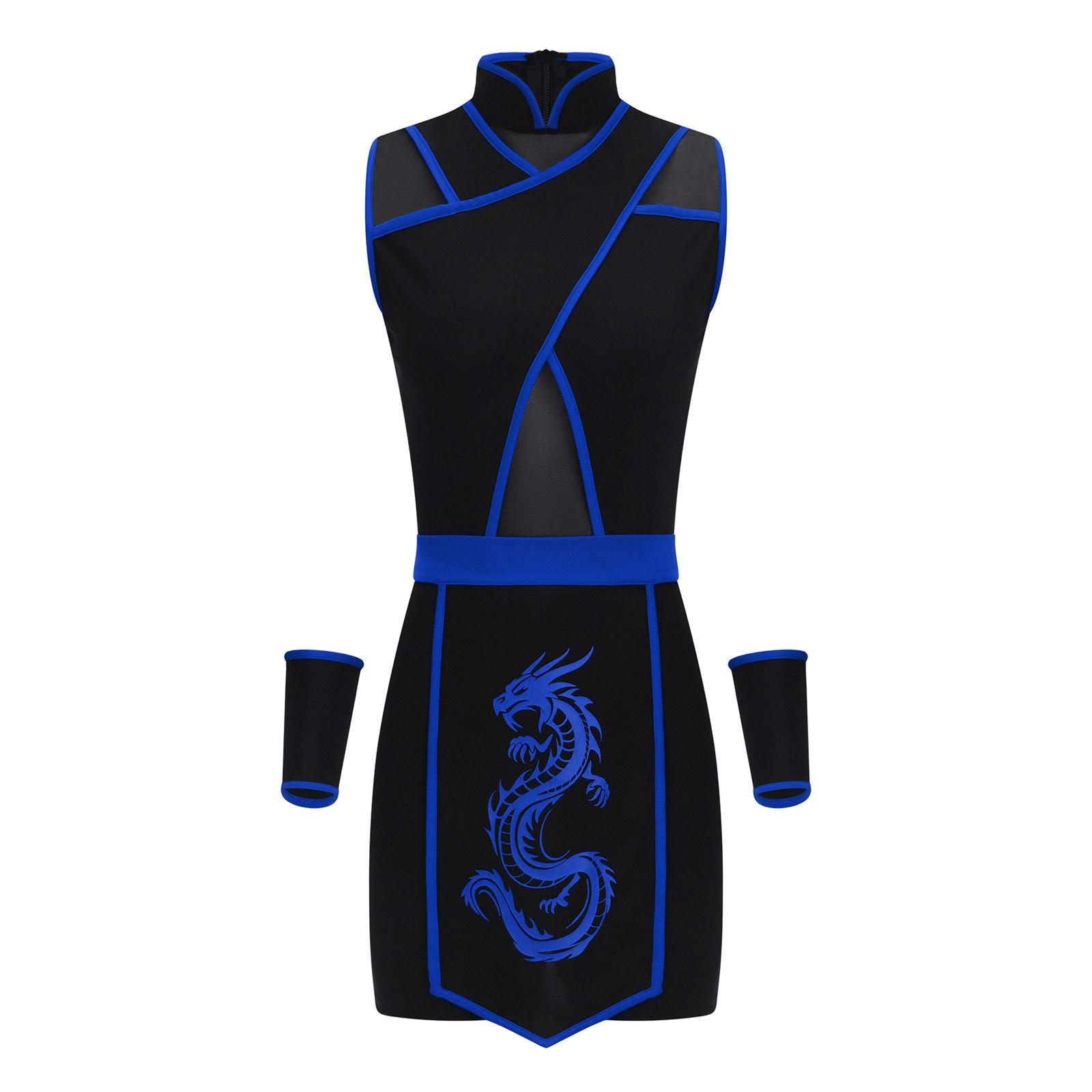 

Жіночий костюм ніндзя, комір-стійка, без рукавів, сітчаста вставка, потайна застібка-блискавка ззаду, принт дракона, фартух, нарукавники, набір для косплею S королівський синій колір