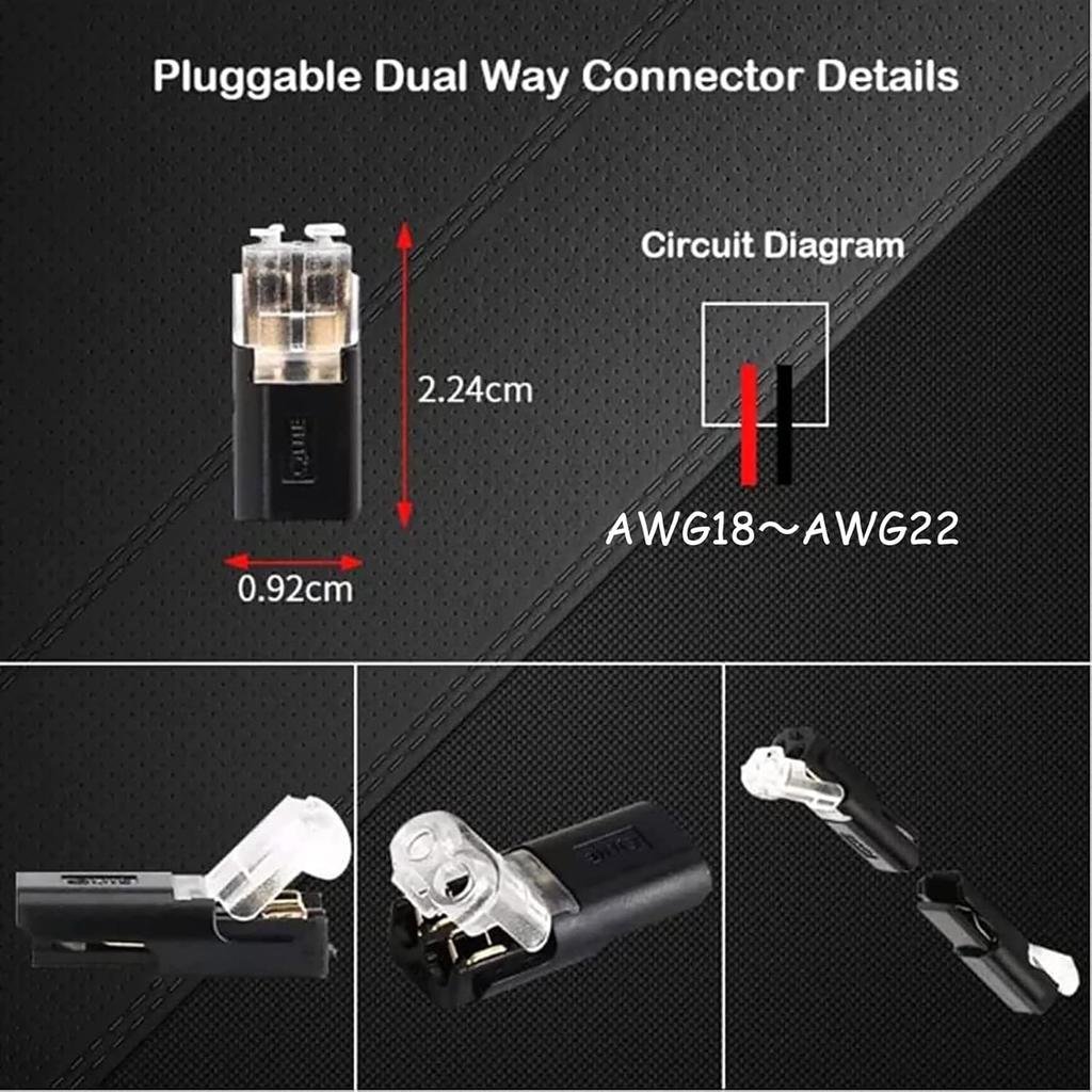 Double-Wire Plug-in Connector with Locking Buckle - Pluggable LED Wire Connectors, 2 Pin 2 Way Electrical Wire Connector, AWG 18-22, No