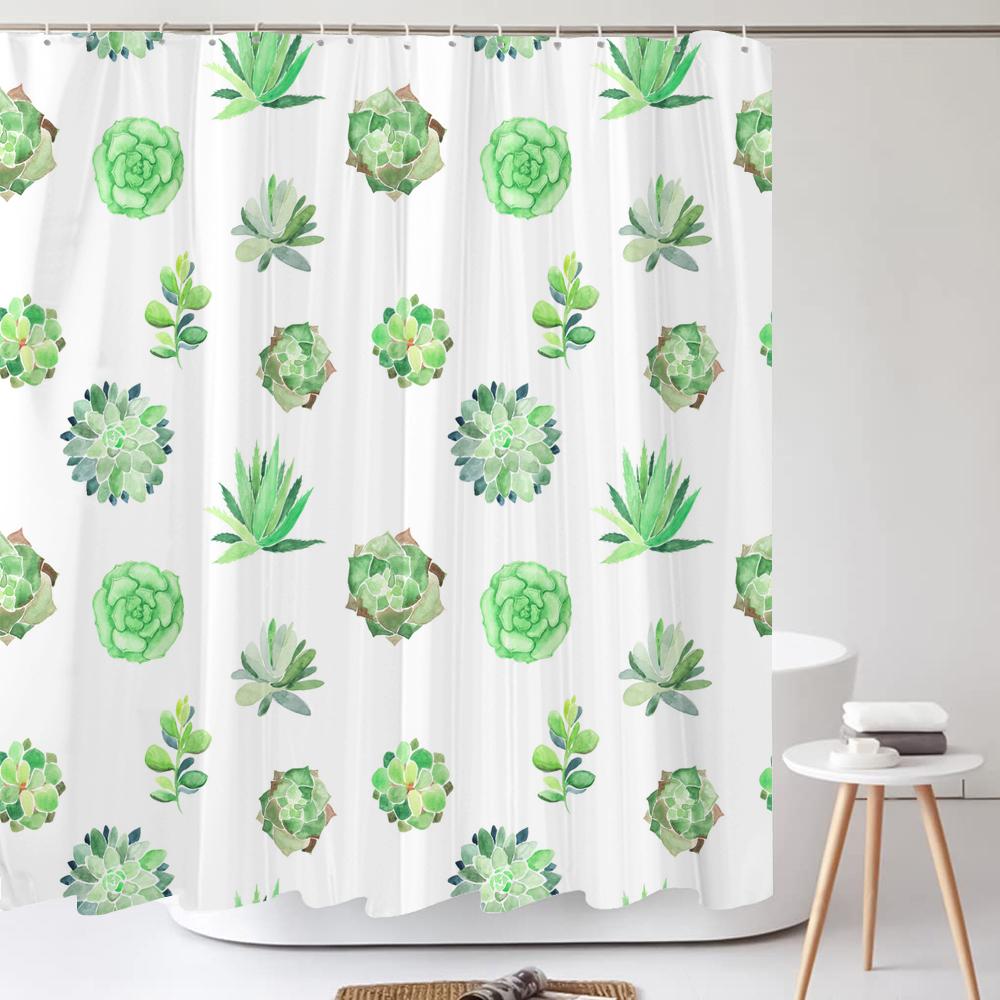 Small Fresh Plant Cactus Leaves Print Shower Curtain Polyester Fabric Bath Curtain With Hooks Curtains For Bathroom Decoration