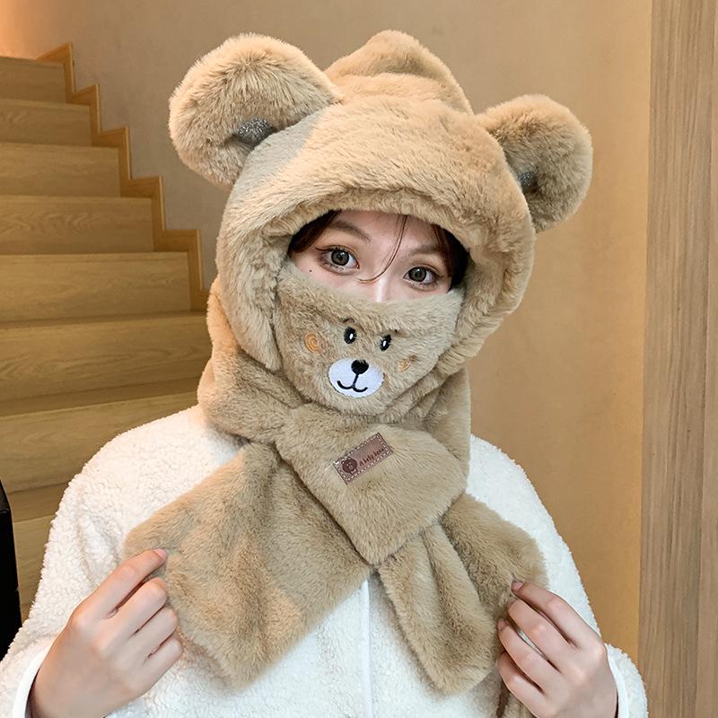 Winter bear ear-protecting hat and scarf combo for women, autumn and winter versatile cute hooded plush warm Korean style trendy