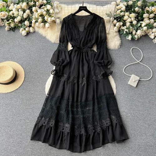 

Платья женские весенние летние однотонные кружевные лоскутные вечерние платья с v-образным вырезом и рукавами-фонариками винтажное элегантное женское платье One Size чёрный
