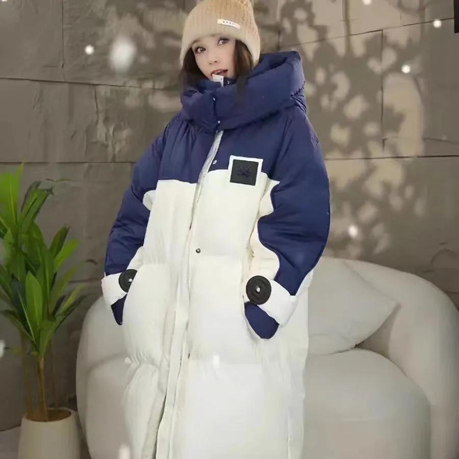 Winter Contrast Color Down Cotton-padded Jacket Women Overcoat Long Bread Clothing Korean Hooded Loose Thick Warm Parka