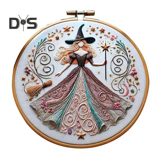 Pink Witch Embroidery Kit Witch Pattern DIY Embroidery Set Hand Embroidery Craft Kit for Beginners Embroidery Lovers