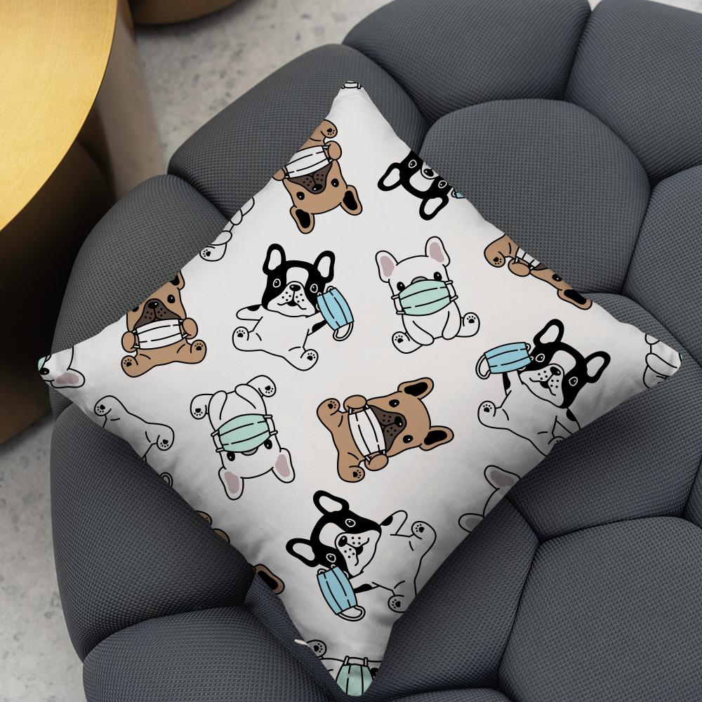 Cartoon French Bulldog Pattern Cushion Cover Reversible Plush Pillow Cover – For car, sofa, bedroom, perfect as a gift.